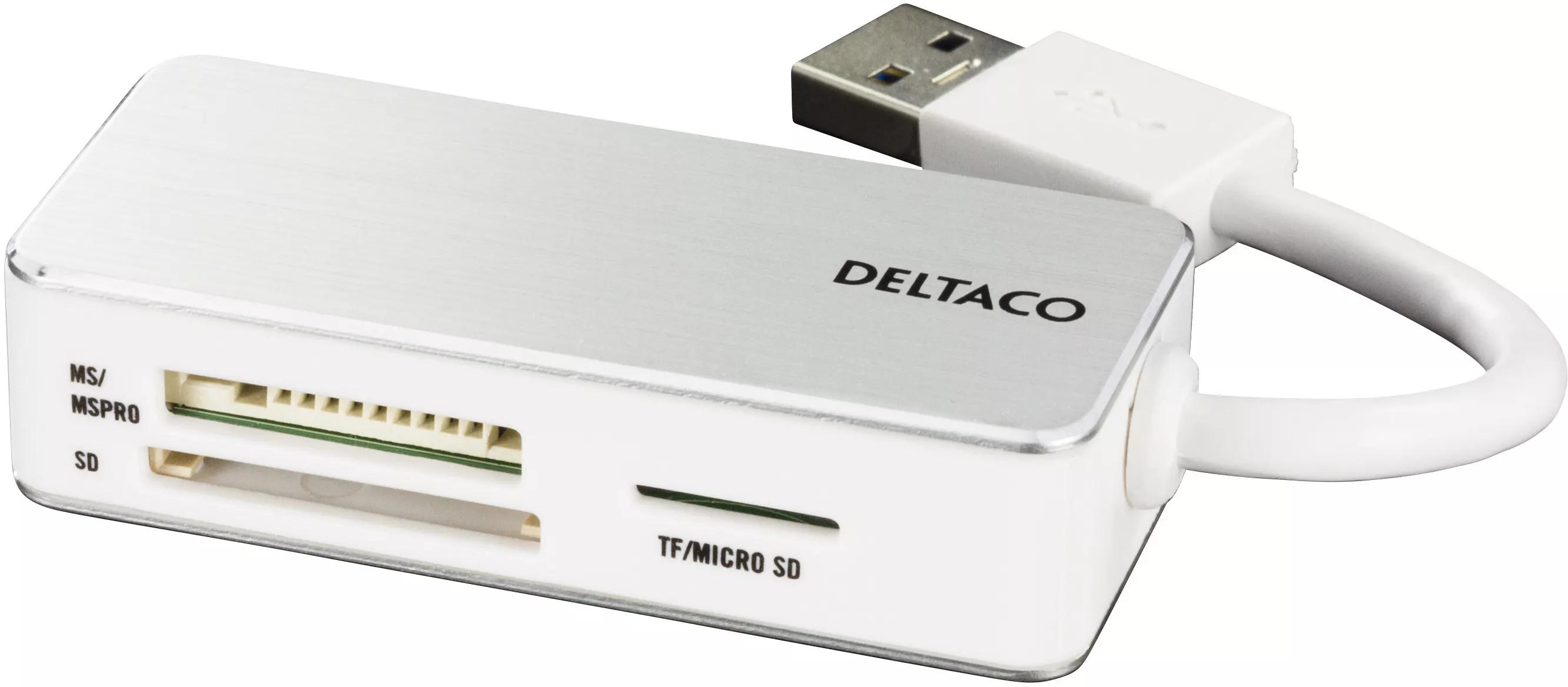 deltaco USB memory card reader, SD/Micro-SD/MS PRO/DUO, white/silver
