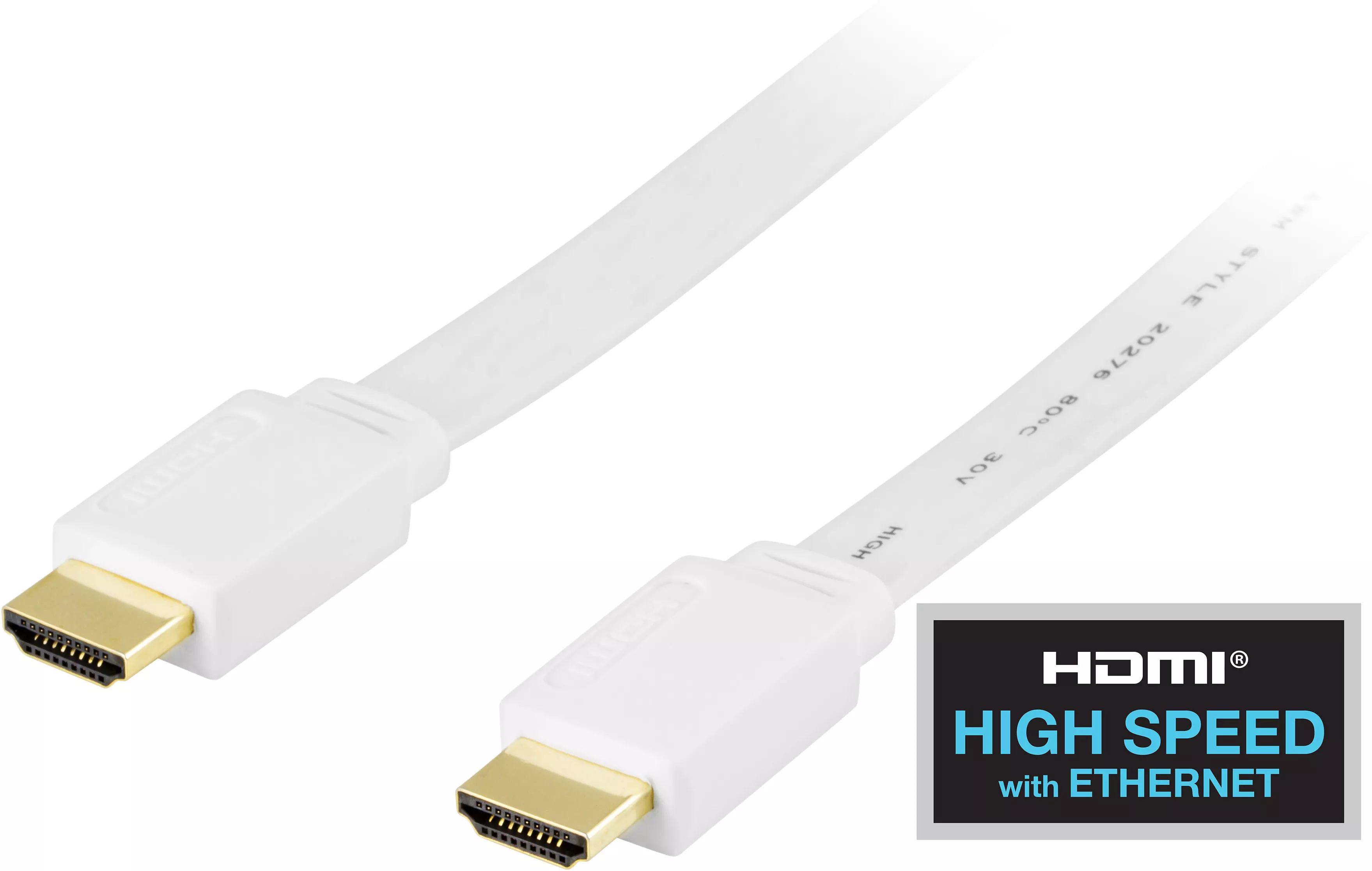 deltaco Flat HDMI cable, HDMI High Speed w/ Ethernet, 4K, 2m, white