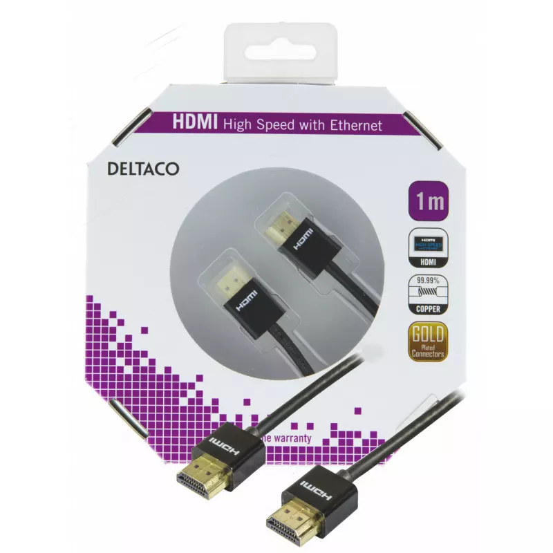 deltaco Thin HDMI cable, HDMI High Speed with Ethernet, 1m, black
