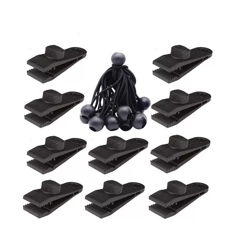 INF 10-pack utomhus återanvändbara campingtältklämmor kit med elastiskt rep