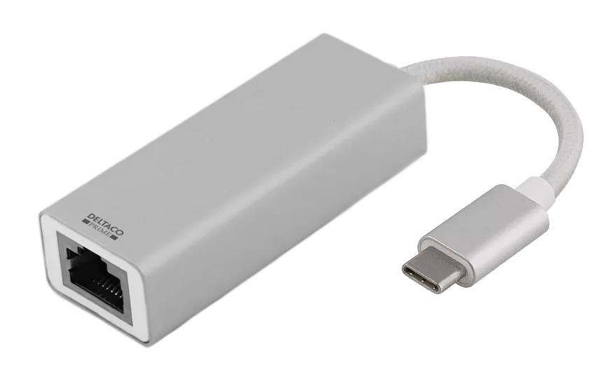 deltaco PRIME USB C Network Adapter, Gigabit, RJ45, aluminum, silver