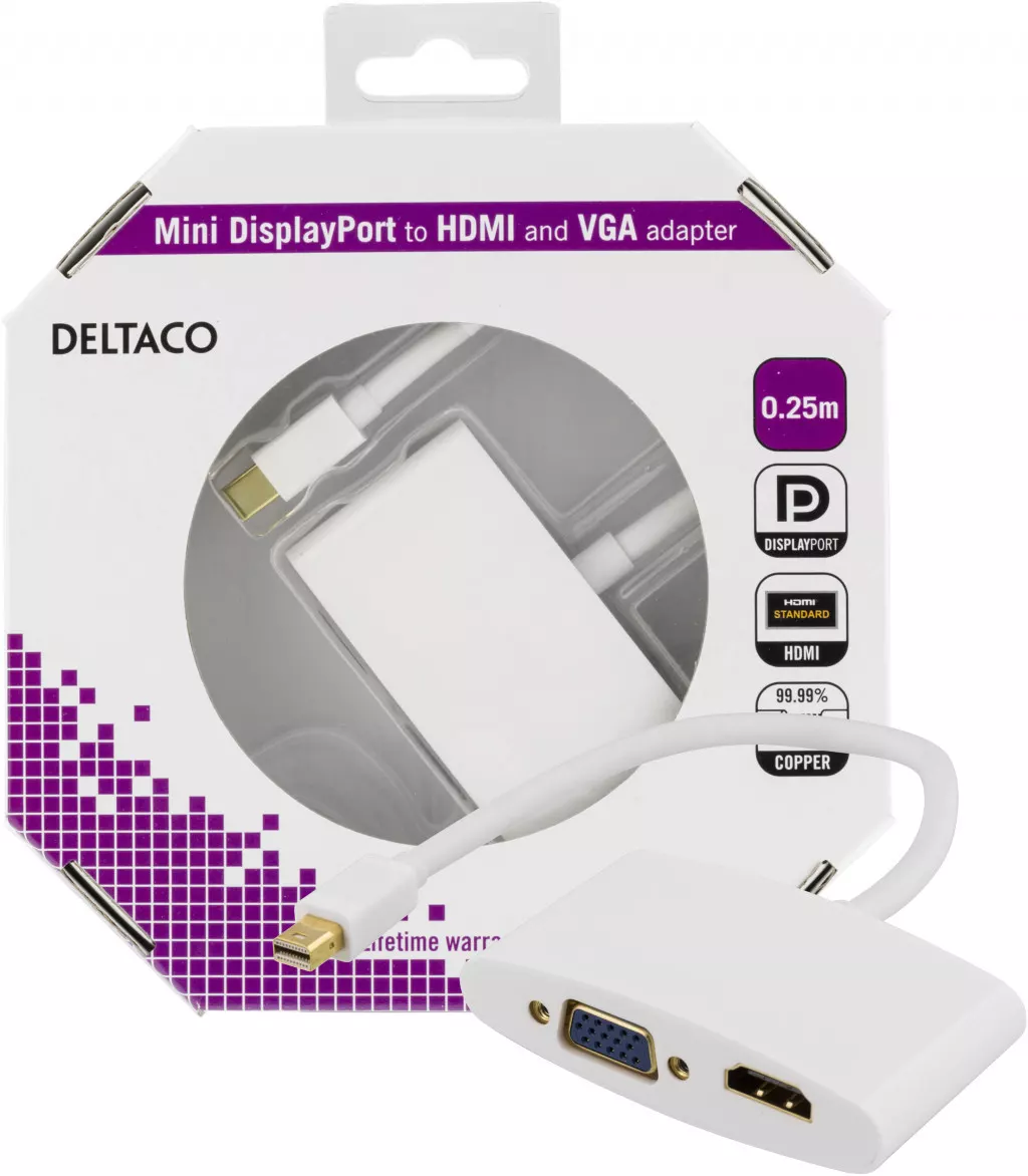 deltaco Mini DisplayPort to HDMI and VGA adapter, 0.25m, white