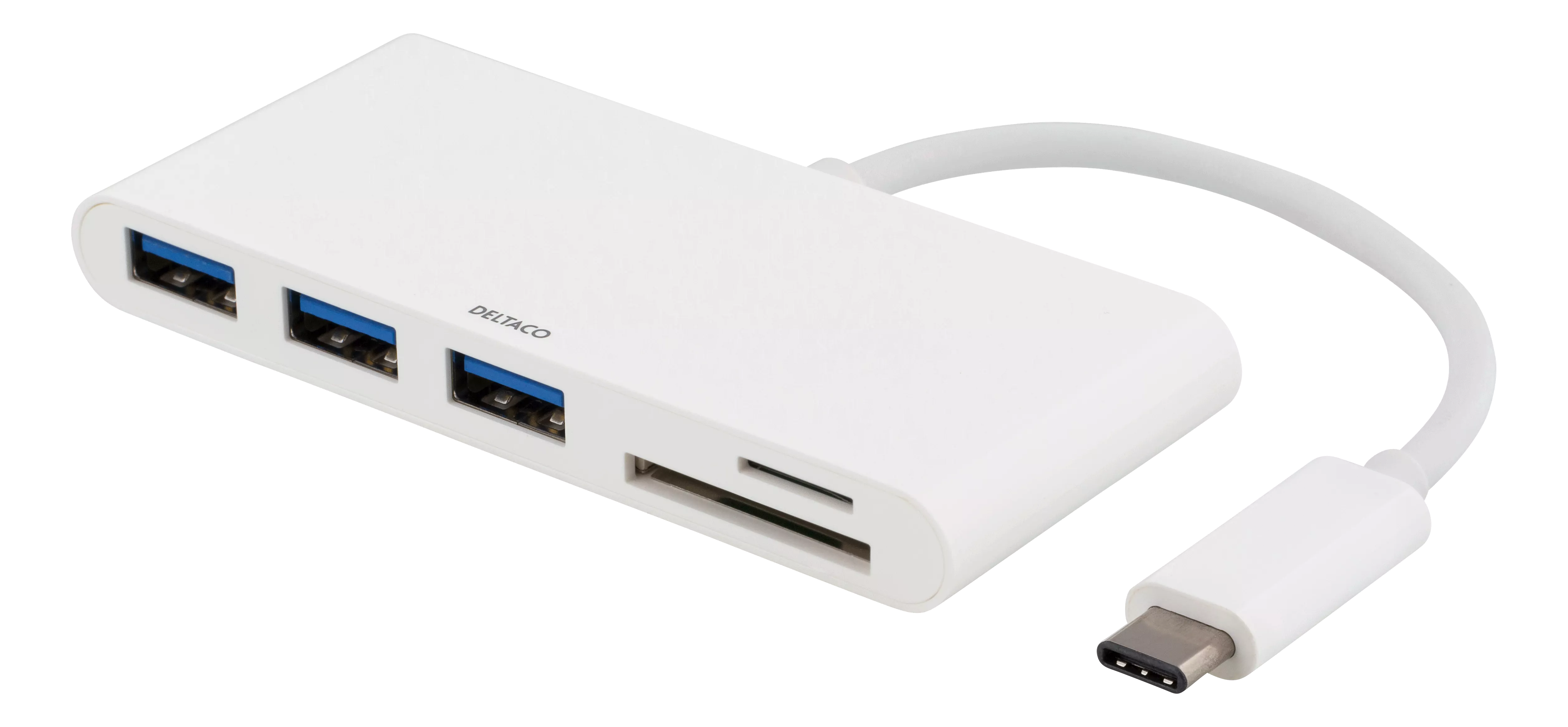 deltaco USB-C hub, USB-C 5 Gbps, 3x USB-A, SD/microSD reader, white